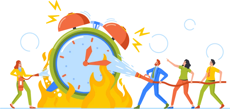 Business People Extinguish Huge Alarm Clock with Fire Fighter Hose  Illustration