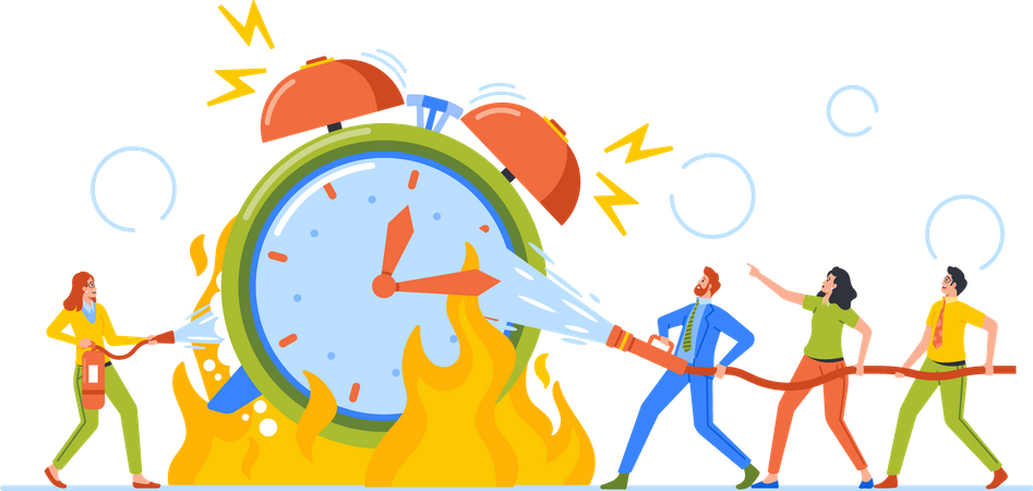 Business People Extinguish Huge Alarm Clock with Fire Fighter Hose  Illustration