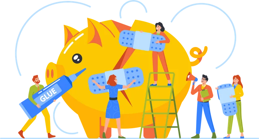 Business People fixing broken piggy bank  Illustration