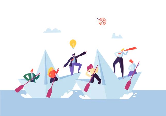 Business People Floating on a Paper Ship - teamwork concept Illustration
