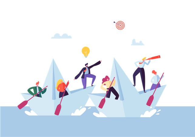 Business People Floating on a Paper Ship - teamwork concept  Illustration