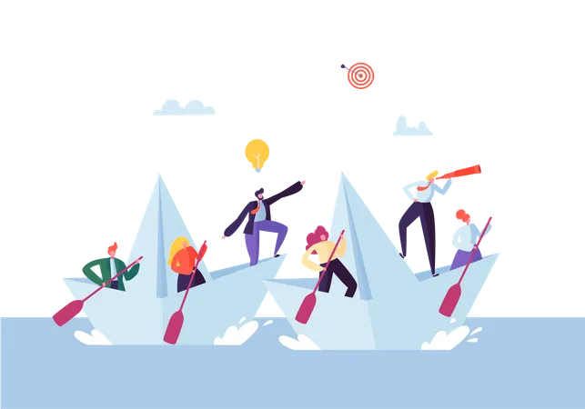 Business People Floating on a Paper Ship - teamwork concept  Illustration