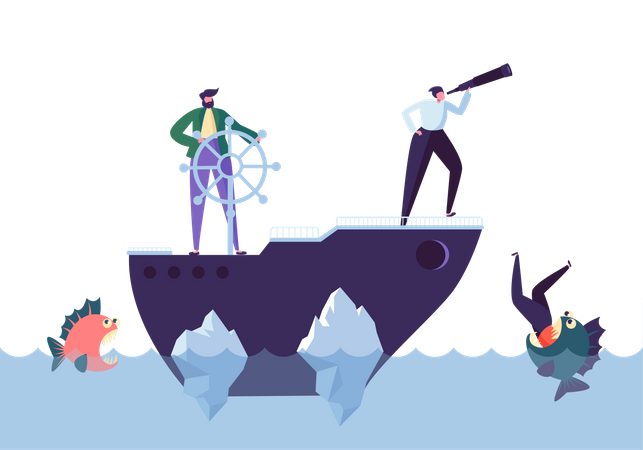 Business People Floating on the Ship in the Dangerous Water with Sharks - business risk concept  Illustration