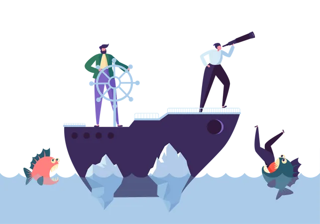 Business People Floating on the Ship in the Dangerous Water with Sharks - business risk concept Illustration