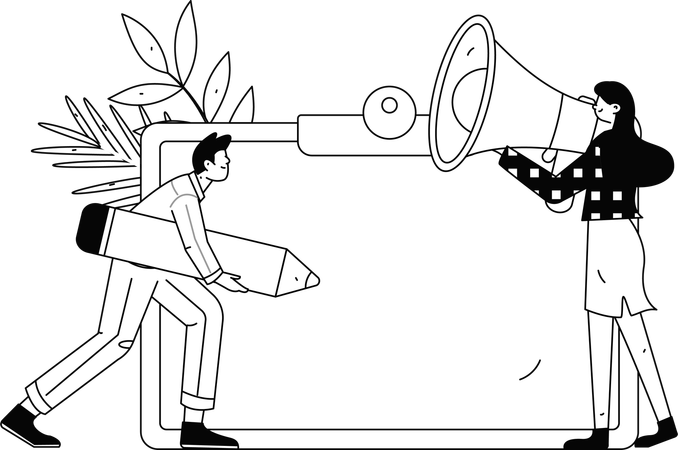 Business people framing advertisements for product launch  Illustration