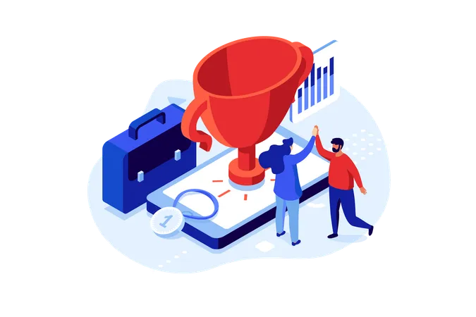 Business People Giving High Five Near Winner Cup Success In Commercial Activity Concept Isometric Vector Illustration Reward For Efforts Of Cartoon Characters Color Composition Business Idea Illustration