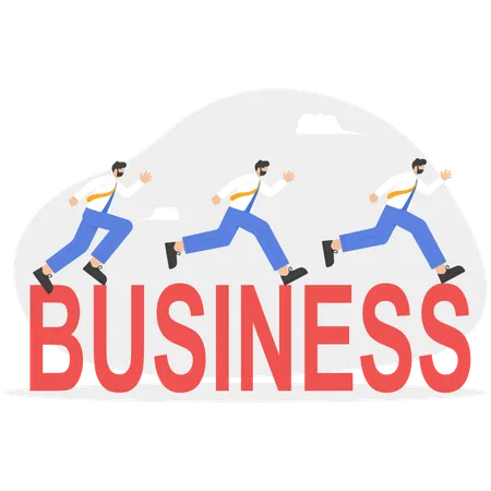 Business people go into business world.  Illustration