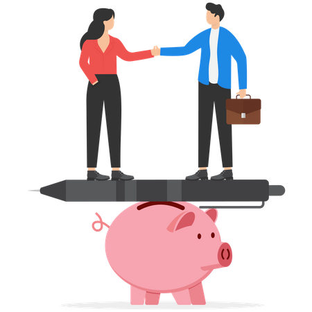 Business people handshake on fountain pen seesaw on piggy bank  Illustration