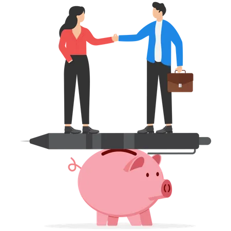 Business People Handshake On Fountain Pen Seesaw On Piggy Bank Diplomacy Contract Signing Modern Vector Illustration In Flat Style イラスト