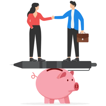 Business people handshake on fountain pen seesaw on piggy bank  Illustration