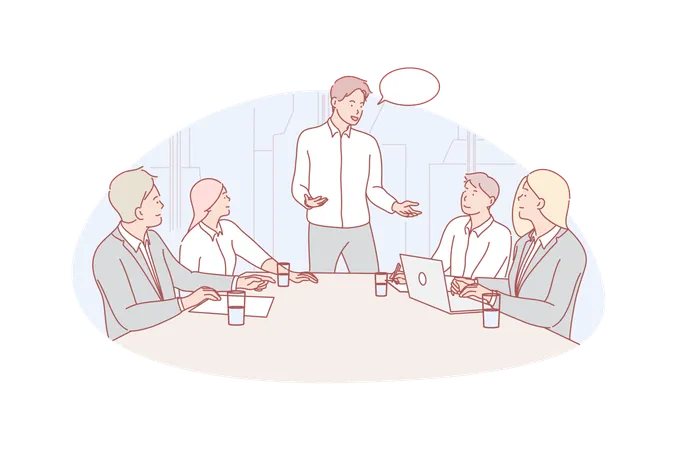 Business Meeting Leeadership Coworking Concept Business People Have Meeting In Office Group Of Men And Women Do Coworking Or Teamwork Leader Or Manager Of Team Conducts Briefing To Colleagues Illustration