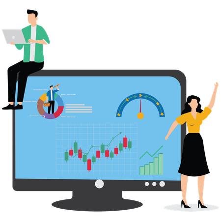 Business people help analyze data on computer monitor dashboard  Illustration