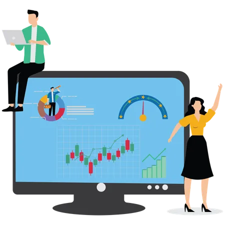 Business people help analyze data on computer monitor dashboard  Illustration