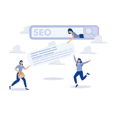 Business people help optimise website URL to 1st Seo rank search bar Illustration