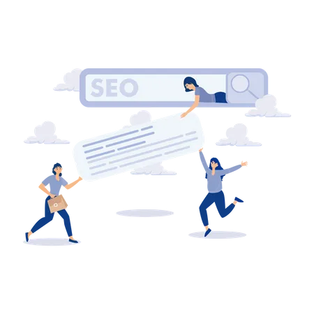 Business people help optimise website URL to 1st Seo rank search bar Illustration