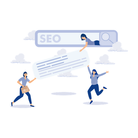 Business people help optimise website URL to 1st Seo rank search bar  Illustration