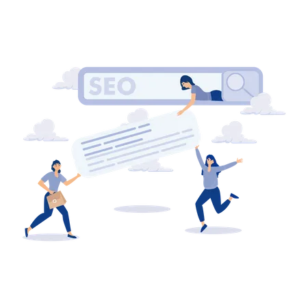 Business people help optimise website URL to 1st Seo rank search bar  Illustration