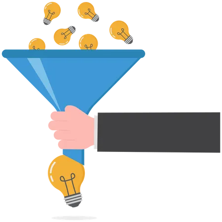 Business people help put small lightbulb in funnel to get final idea  Illustration