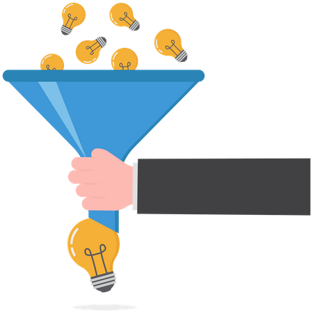 Business people help put small lightbulb in funnel to get final idea  Illustration