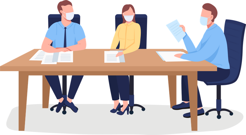 Business people in face mask sitting at table Illustration
