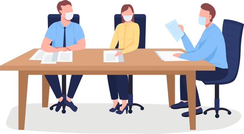 Business people in face mask sitting at table  Illustration