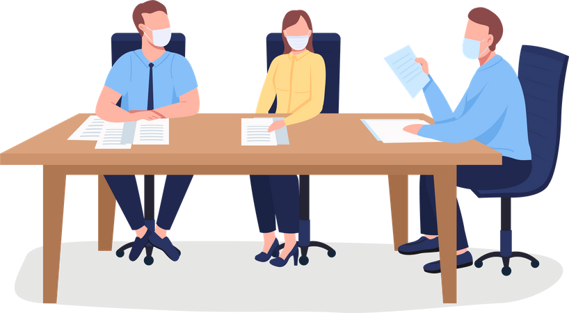 Business people in face mask sitting at table  Illustration