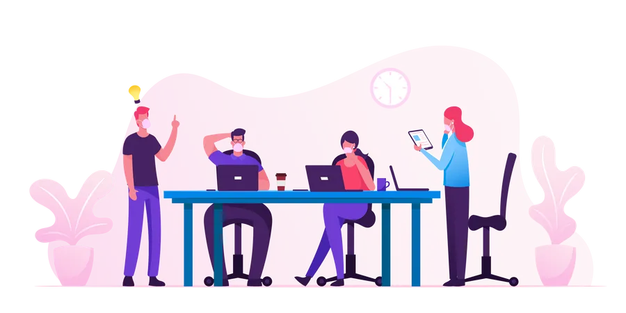 Business People Characters In Medical Masks Sitting At Desk At Board Meeting Discussing Idea In Office Team Project Brainstorm Teamwork Process During Covid 19 Quarantine Cartoon Vector Illustration Illustration
