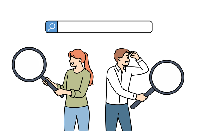 Business people in search of information for drawing up corporate strategy stand near search bar  Illustration