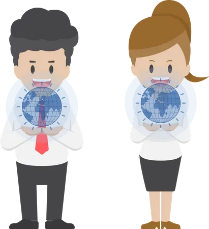 Businessman And Businesswoman Holding Virtual World On Their Hands Business Technology Concept Illustration