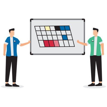 Business people in workshop meeting room with whiteboard and sticky notes  Illustration