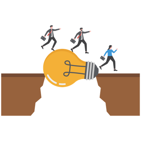 Business people jump pass cliff gap with bulb bridge  Illustration
