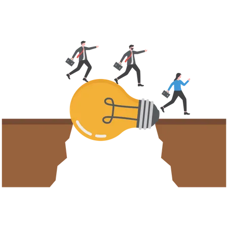 Business people jump pass cliff gap with bulb bridge  Illustration