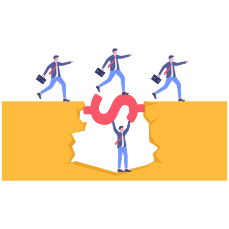 Business people jumping over cliff gap with dollar sign bridge  Illustration