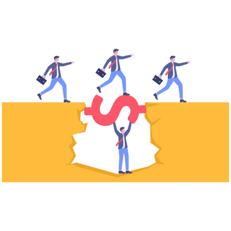 Business people jumping over cliff gap with dollar sign bridge  Illustration