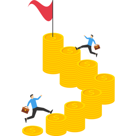 Business people jumping up on many coin to bigger target and reach the goal  Illustration