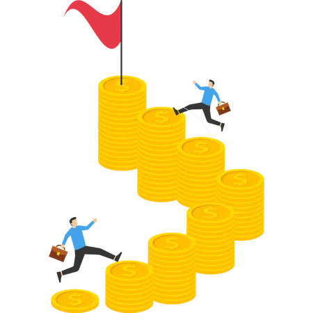 Business people jumping up on many coin to bigger target and reach the goal  Illustration