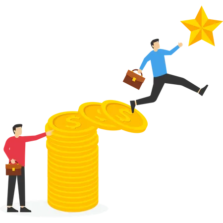 Business people jumping up on many coin to the bigger target and reach goal  Illustration