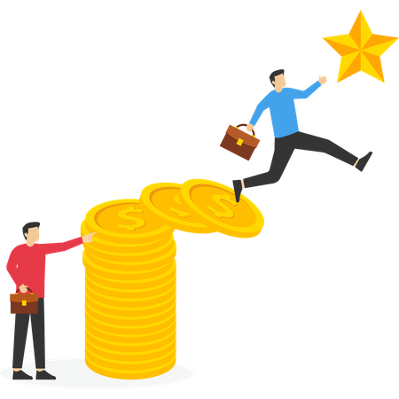 Business people jumping up on many coin to the bigger target and reach goal  Illustration