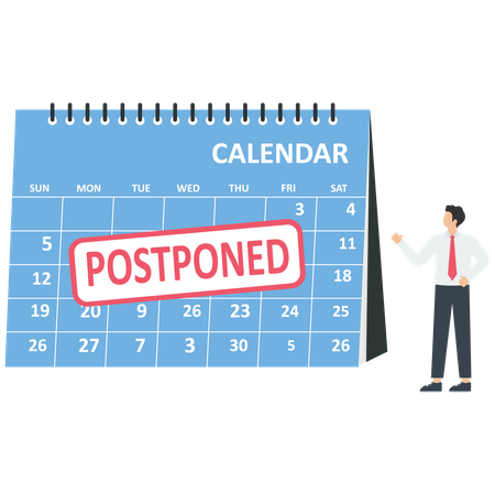 Business people look a postponed rubber stamp on a calendar  Illustration