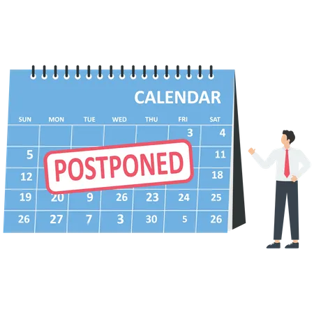 Business people look a postponed rubber stamp on a calendar  Illustration