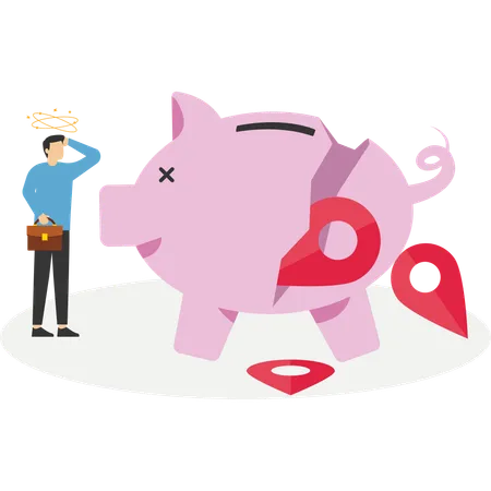 Business people look at collapsing piggy bank with branch pins  Illustration