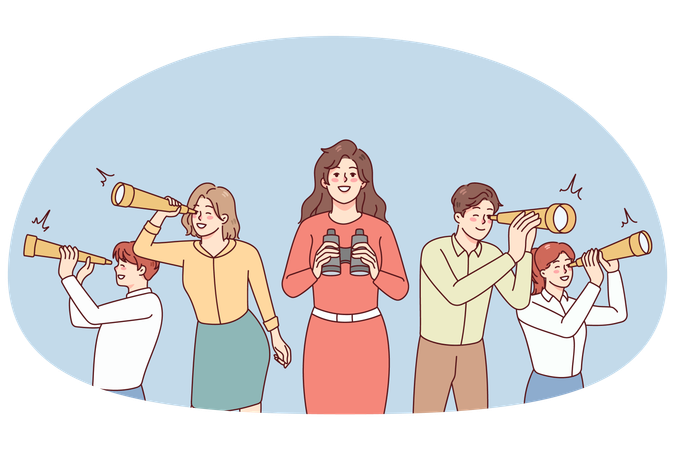 Business people looking in spyglass explore new opportunities  Illustration