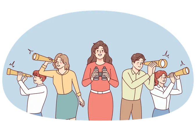 Business people looking in spyglass explore new opportunities  Illustration