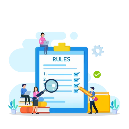 Business People Studying List Of Rules Reading Guidance Making Checklist Vector Illustration イラスト