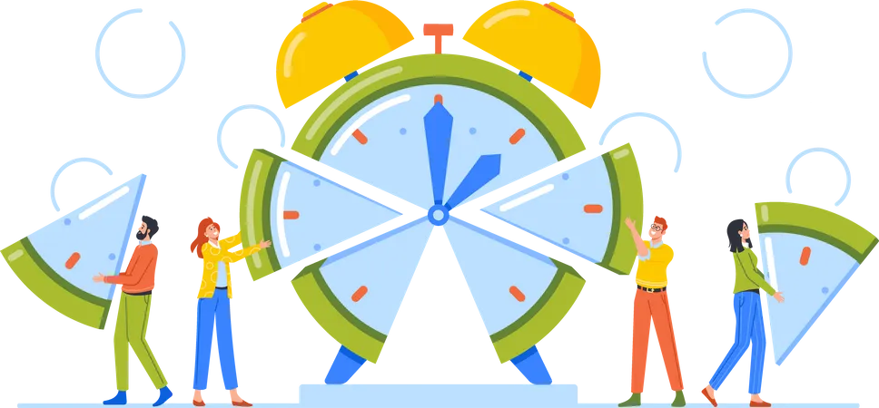 Time Management Allocation Concept Business People Manage Limited Time To Optimize Outcome Project Efficiency And Productivity Characters Cut Clock Face On Slices Cartoon Vector Illustration Illustration