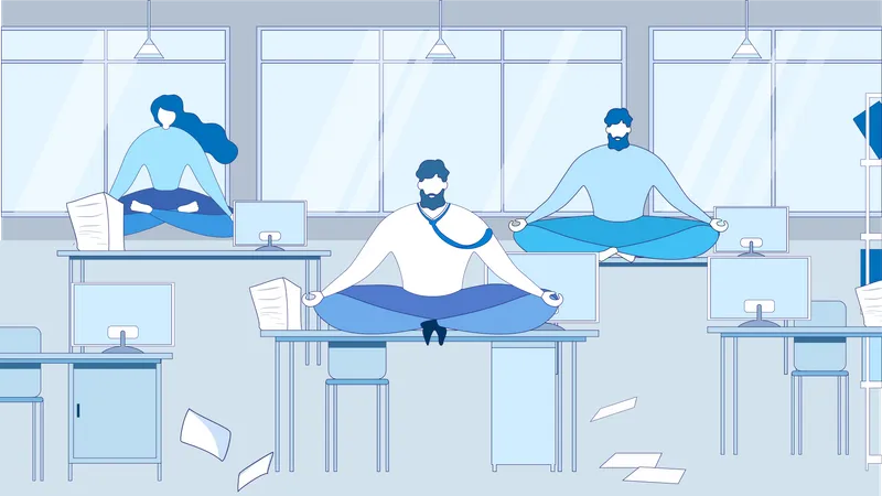 Business People Meditate on Table at Office Workplace Illustration