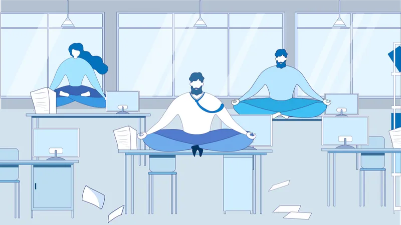 Business People Meditate on Table at Office Workplace  Illustration