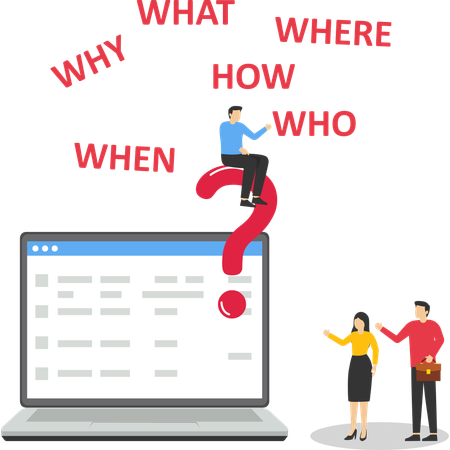 ビジネスマンは大きな疑問符の上に立って、誰が、何を、どこで、いつ、なぜ、どのように考えている。  イラスト