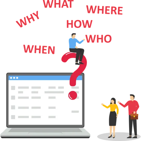 ビジネスマンは大きな疑問符の上に立って、誰が、何を、どこで、いつ、なぜ、どのように考えている。  イラスト