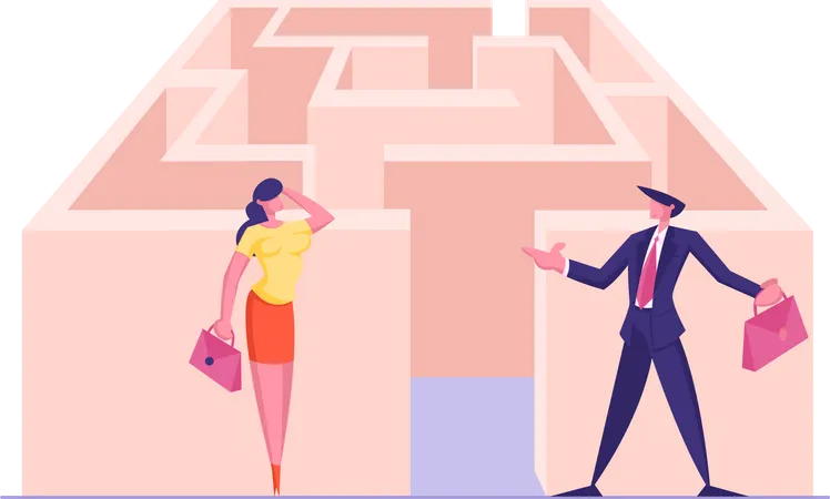 Confused Businesswoman And Businessman Stand At Entrance Of Labyrinth And Thinking How To Pass It Business Challenge Road To Success In Maze Business Strategy Idea Cartoon Flat Vector Illustration Illustration
